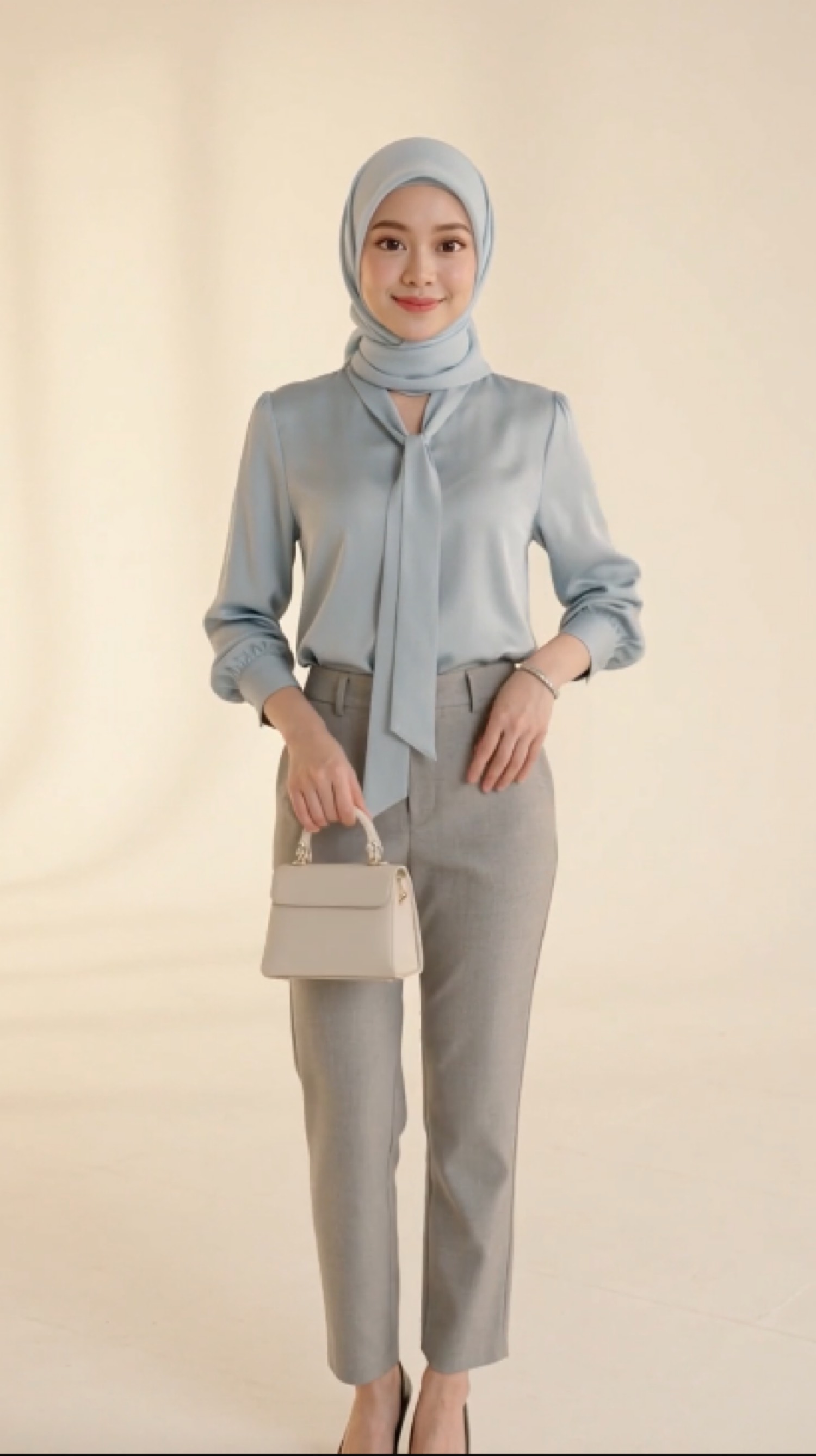 Lydia Farida in a powder-blue silk blouse, grey trousers and cream bag