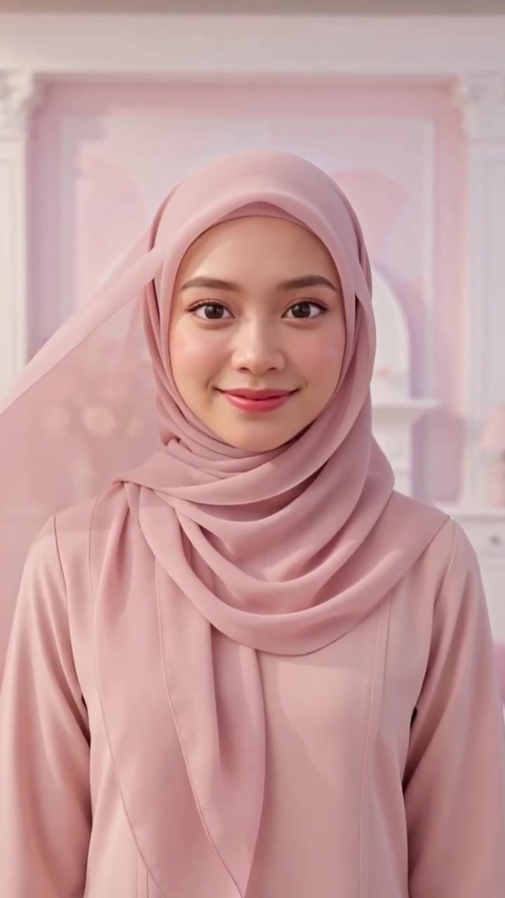 Lydia Farida in a dusty-rose hijab and abaya in a soft pink studio
