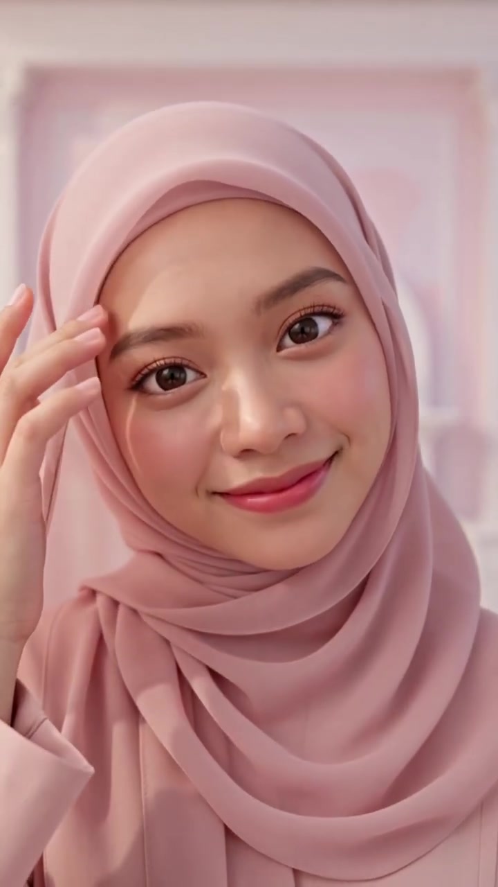Lydia Farida adjusting her dusty-rose hijab with a soft smile