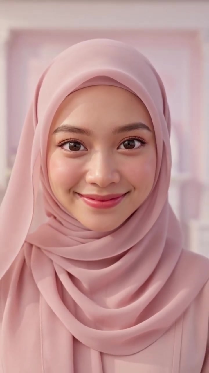 Close-up of Lydia Farida wearing a dusty-rose hijab