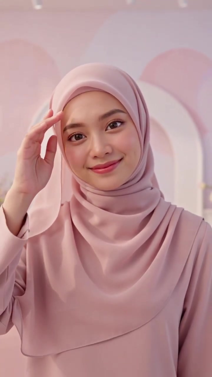 Lydia Farida touching her cheek, wearing a dusty-rose hijab and abaya