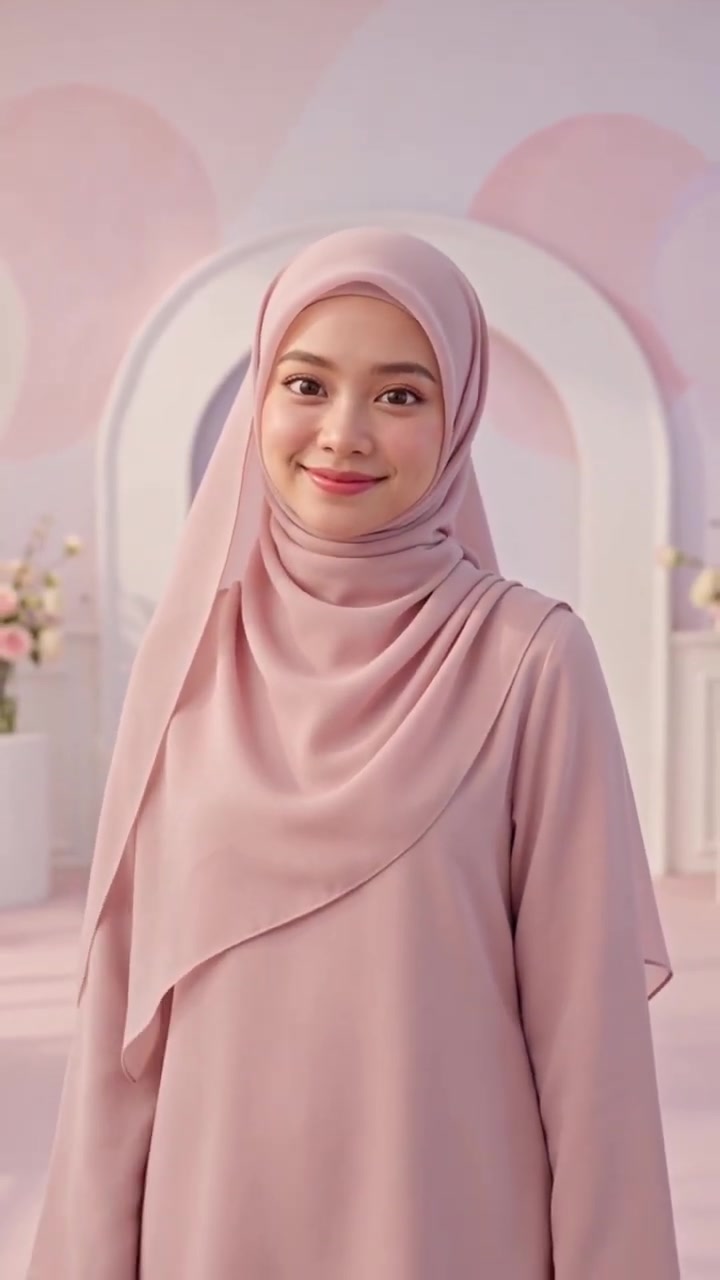 Medium shot of Lydia Farida in a dusty-rose abaya against pink studio arches