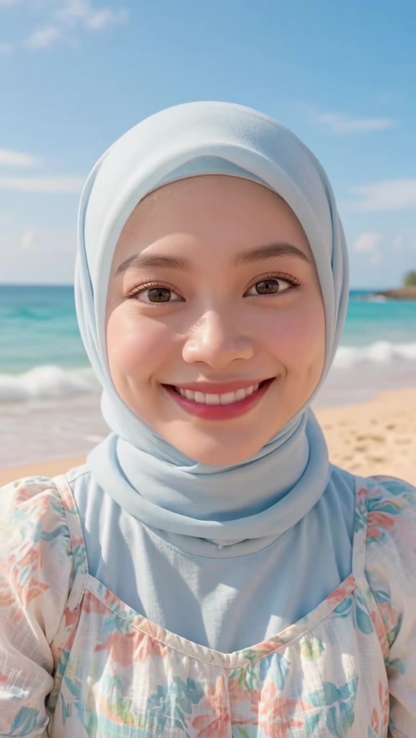 Lydia Farida in a powder-blue hijab and floral dress, smiling on a sunlit beach