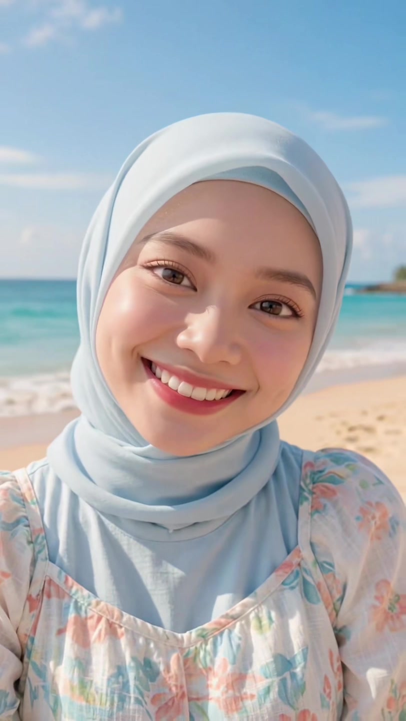 Lydia Farida tilting her head and smiling on a tropical beach