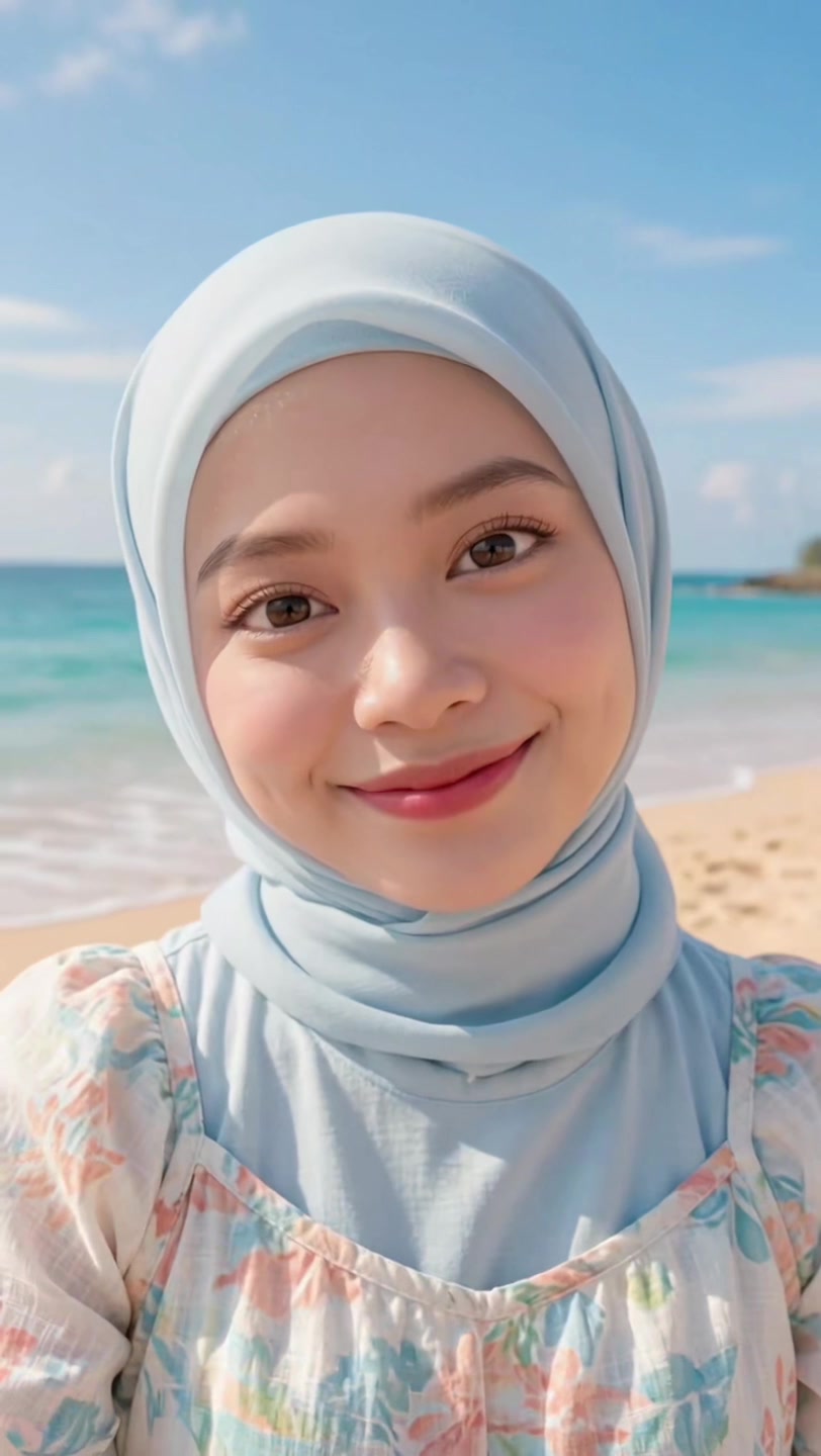Lydia Farida with eyes closed, smiling gently against the sea