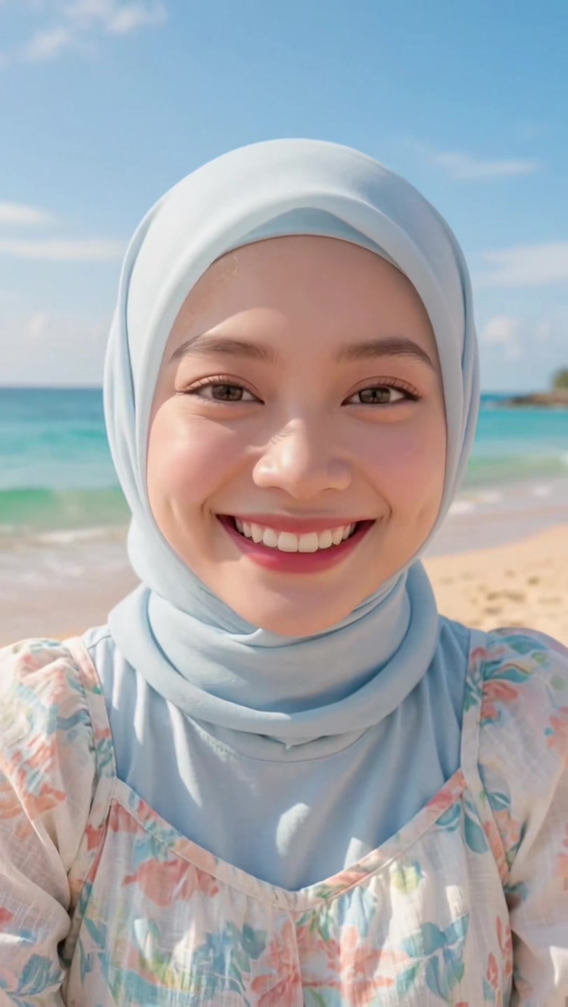 Lydia Farida smiling widely on the beach in a floral summer dress