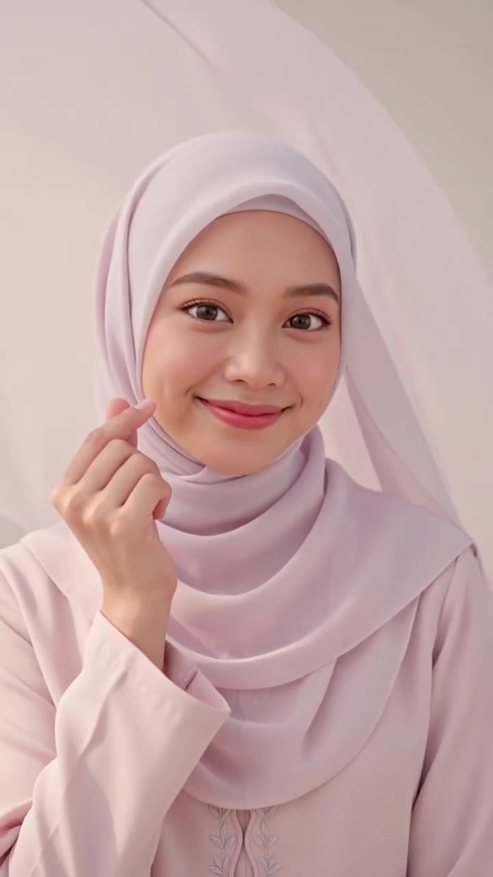 Lydia Farida making a finger-heart gesture, wearing a lilac hijab