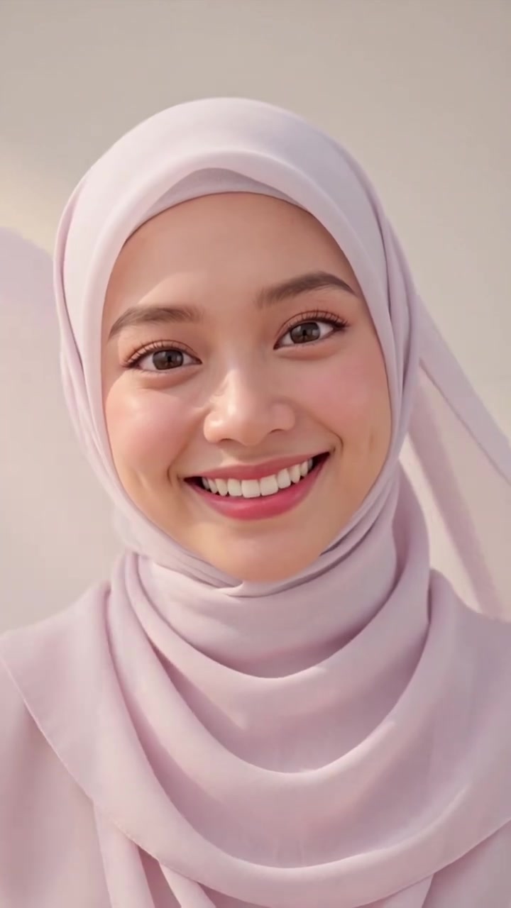 Lydia Farida smiling widely in a lilac hijab