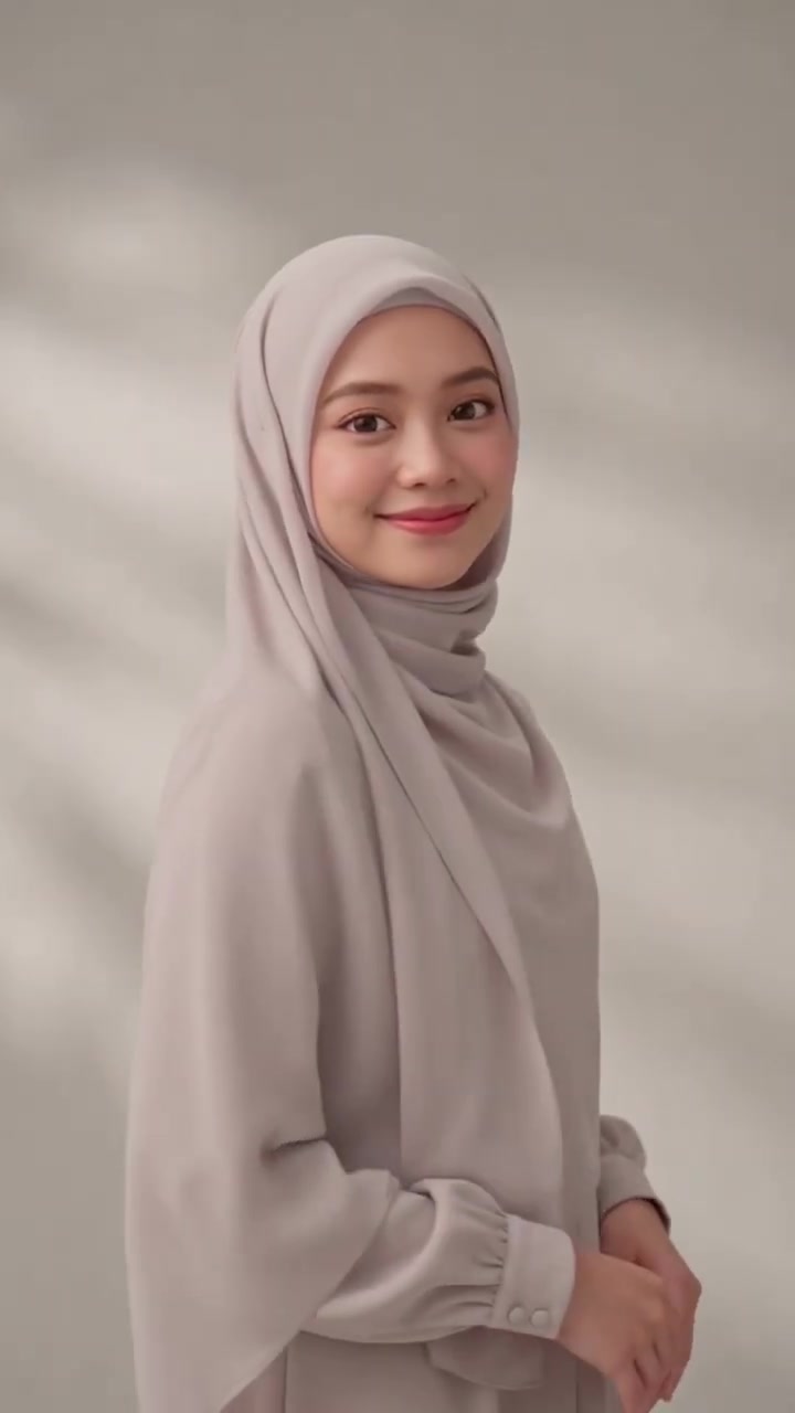 Lydia Farida in a taupe hijab turning toward the camera against a grey studio wall