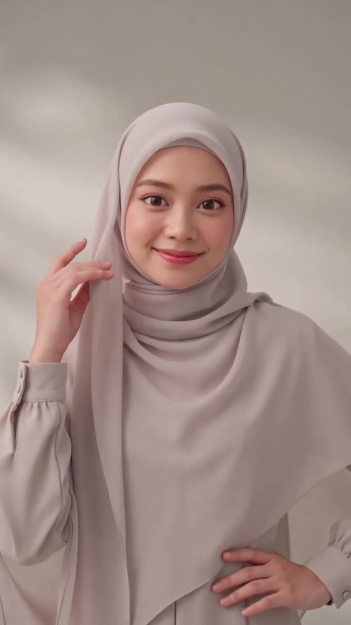 Lydia Farida holding the edge of her taupe hijab, smiling