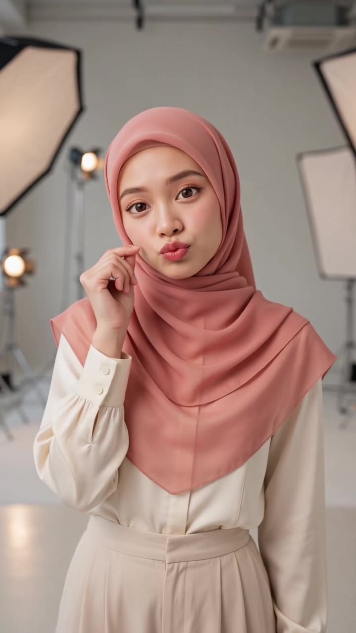 Lydia Farida at a café table in a white hijab and beige dress