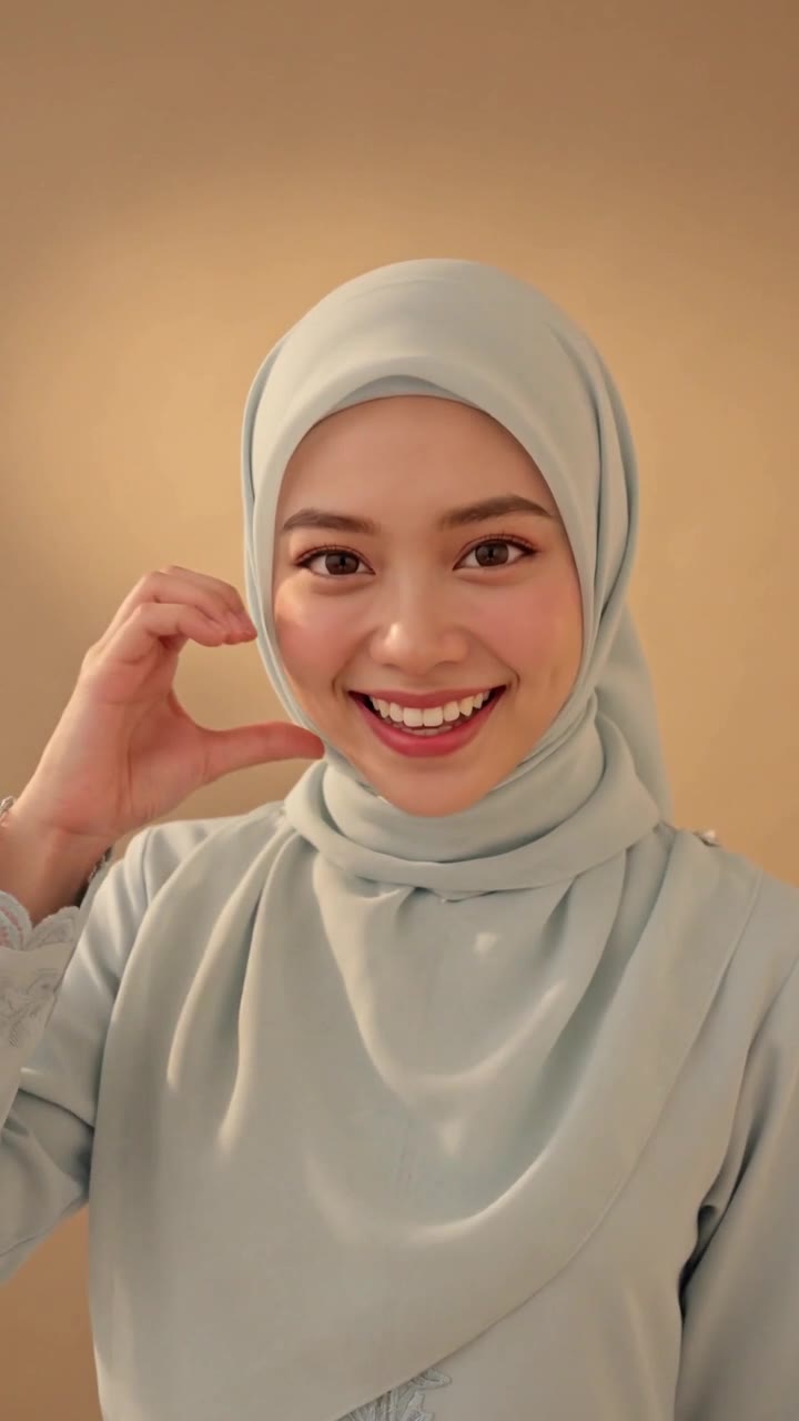 Lydia Farida standing in a café in a white hijab and beige dress