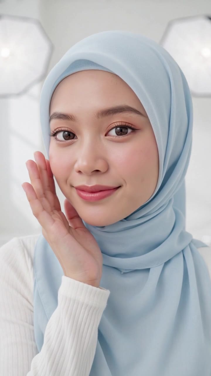 Lydia Farida in a white hijab and beige dress by a café window