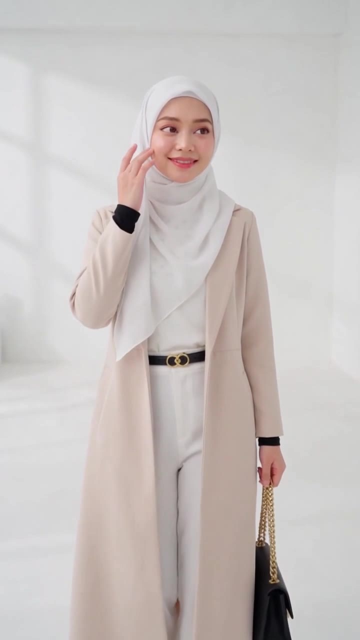 Portrait of Lydia Farida in a cream hijab in a garden courtyard