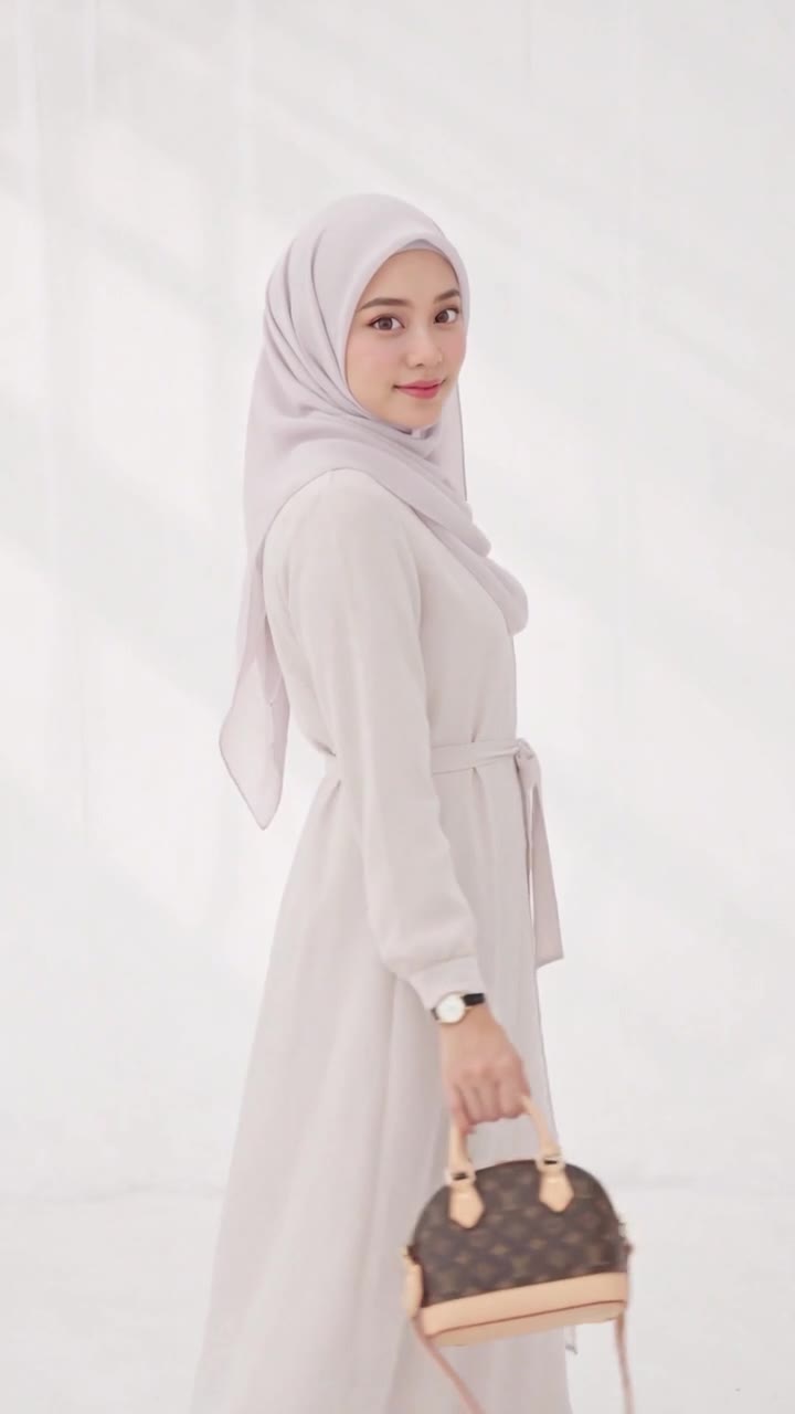 Lydia Farida in a cream hijab standing among palms