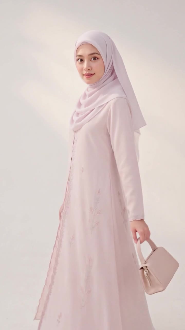 Lydia Farida in a cream hijab and dress in a courtyard garden