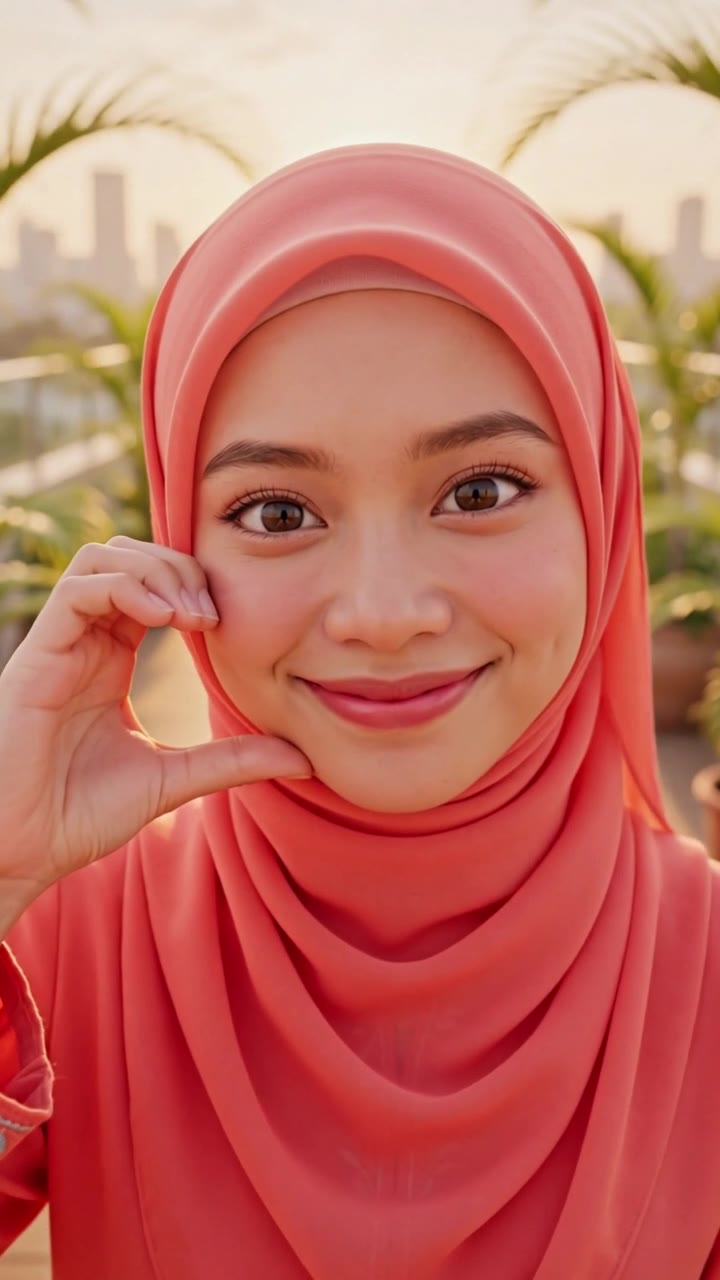 Lydia Farida making a finger-heart in a navy hijab