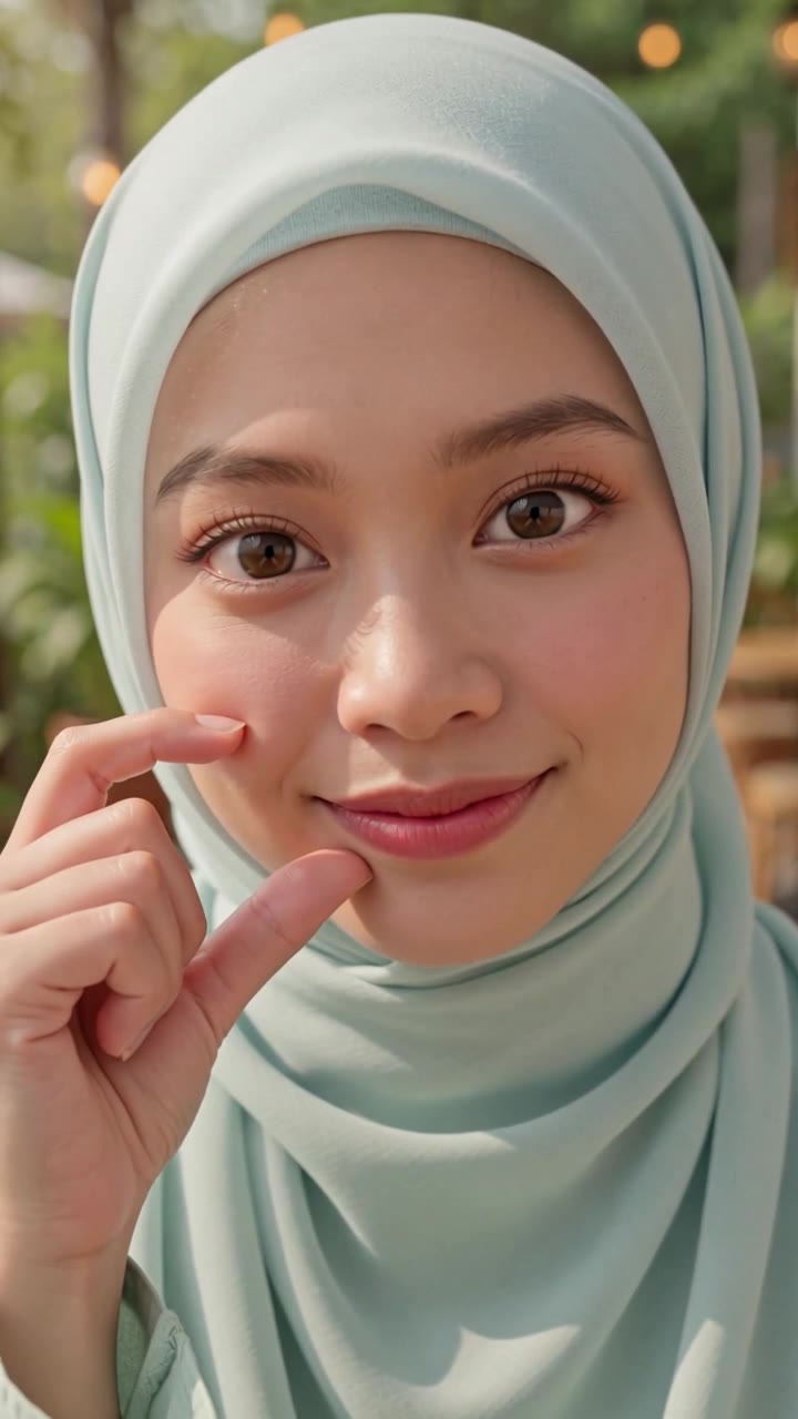 Lydia Farida with hands clasped, wearing a navy hijab and cream dress in a hotel lobby