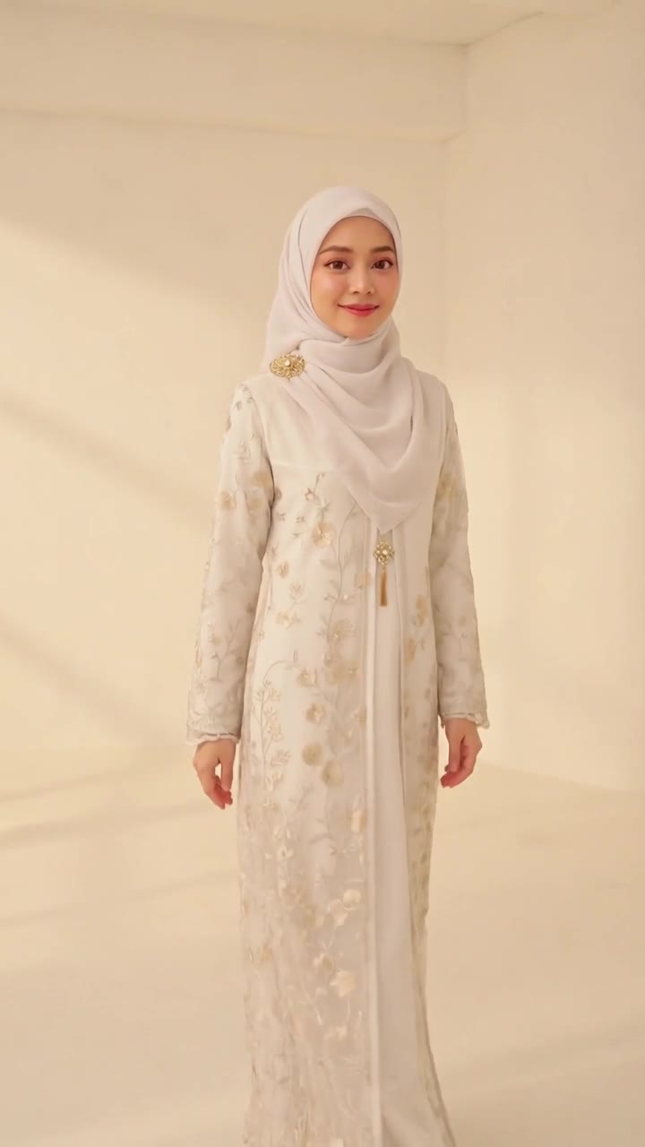 Lydia Farida in a dusty-rose hijab standing on a palm-lined street